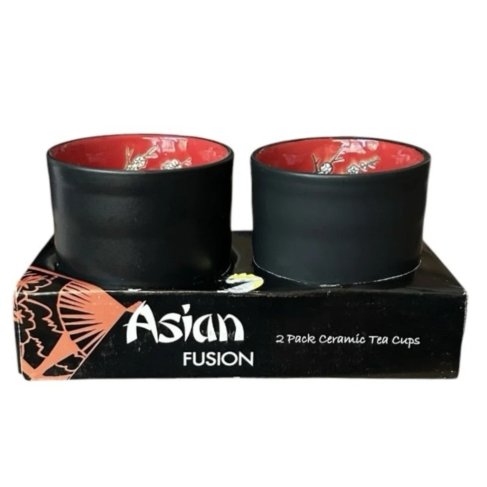 2 VISUN Sake Tea Cups Matte Black Red Floral Dogwood Branches Asian 3.25